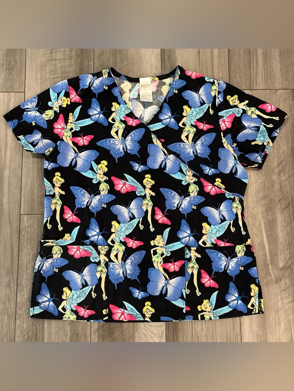 Disney Black Tinker Bell Butterfly Print Short Sleeve Scrub Top